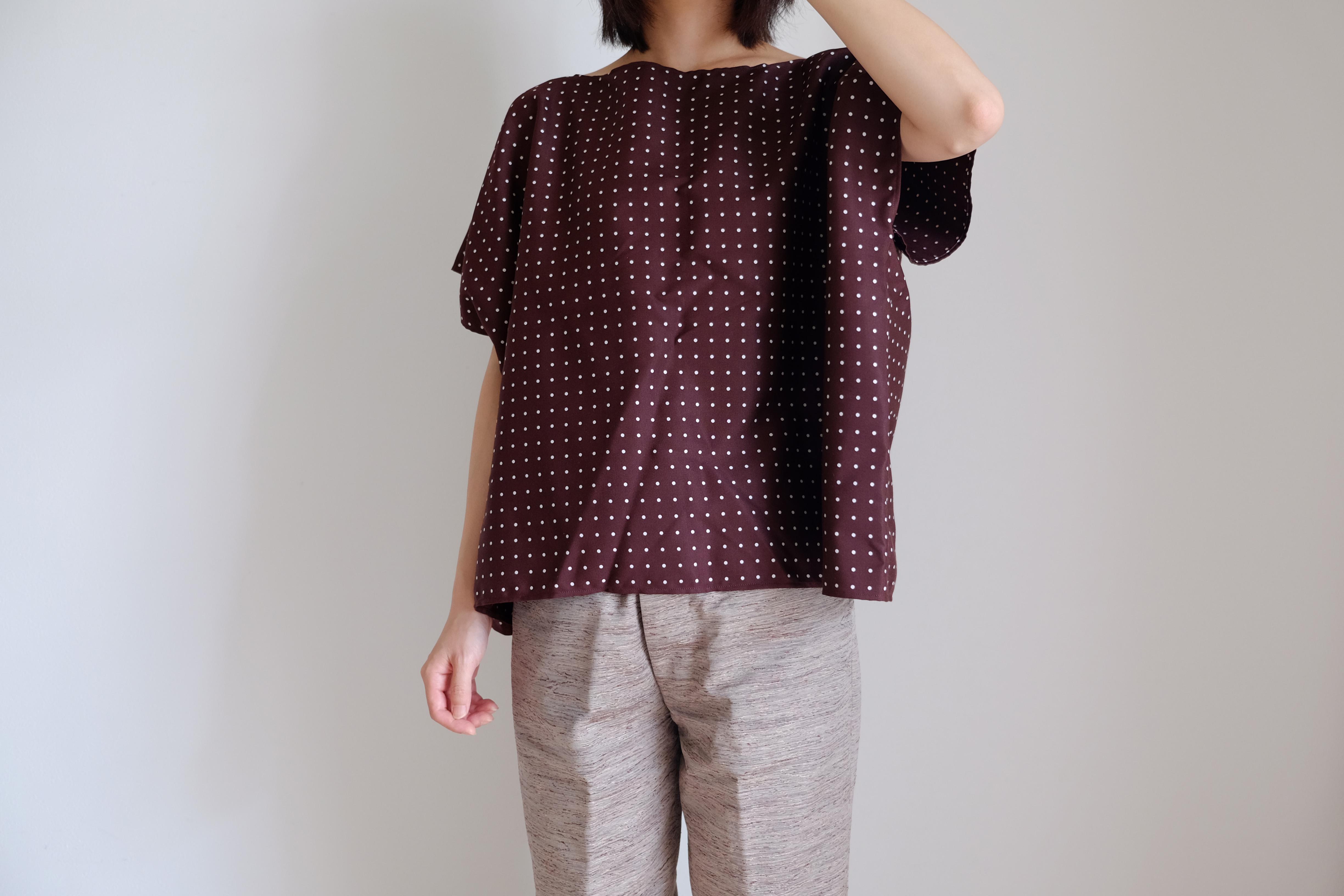 ◎ sale ◎ ブラウス /ワイドスクエアー ハーフスリーブ/ポルカドット レーヨンシルク【ボルドー】
