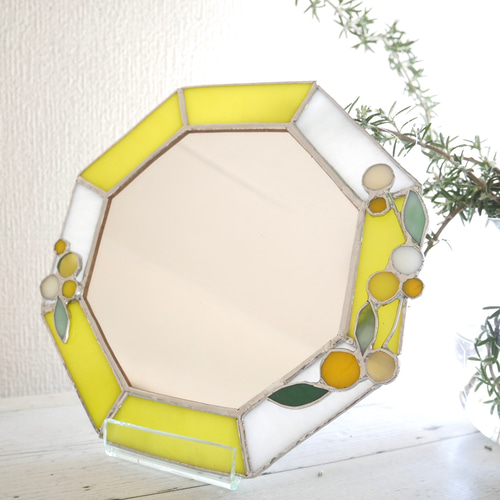 *✴︎:.。.:ミモザの八角形の鏡　(20size/Max21)　ステンドグラス ミモザの八角形の鏡 (20size/max21） ステンドグラス ドレッサー