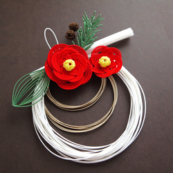 しめ縄リース　赤椿　白小薔薇　金扇　水引 しめ縄リース赤椿白小薔薇金扇水引