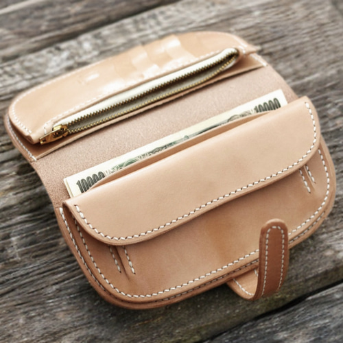 本革　財布　チェーン付き　手縫い　ヌメ革　レザークラフト ハンドメイド 本革アレンジ長財布ベルトタイプ（受注制作）手縫いヌメ革ナチュラル