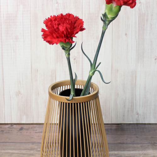 駿河竹千筋細工 花器 嵯峨野 古代(煤竹風炭化加工) 伝統工芸の竹細工