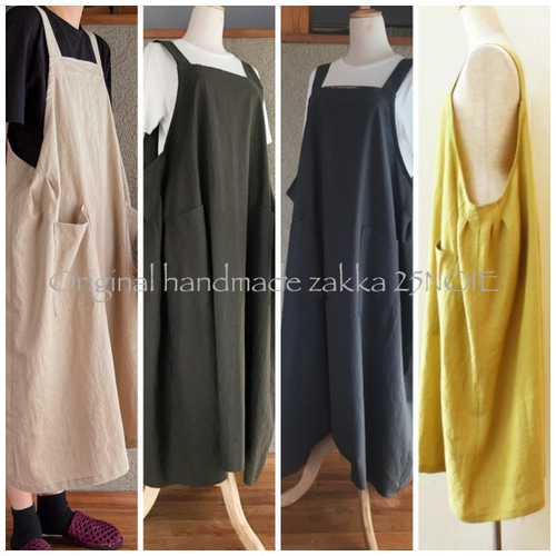 8色展開/4段階の丈長さ【ゆったりエプロンワンピース】膝丈からロング