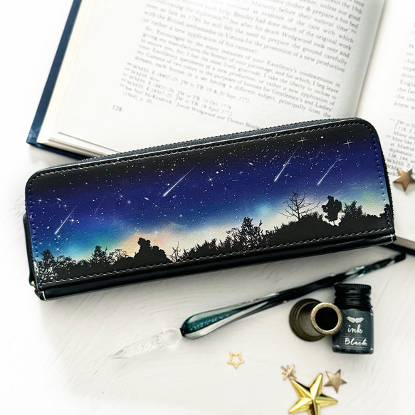 夜空に降り注ぐ流星柄 ペンケース / 宇宙 筆箱 ペンケース LALA CloveR