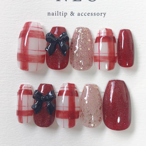 チェック×リボン ネイルチップ
