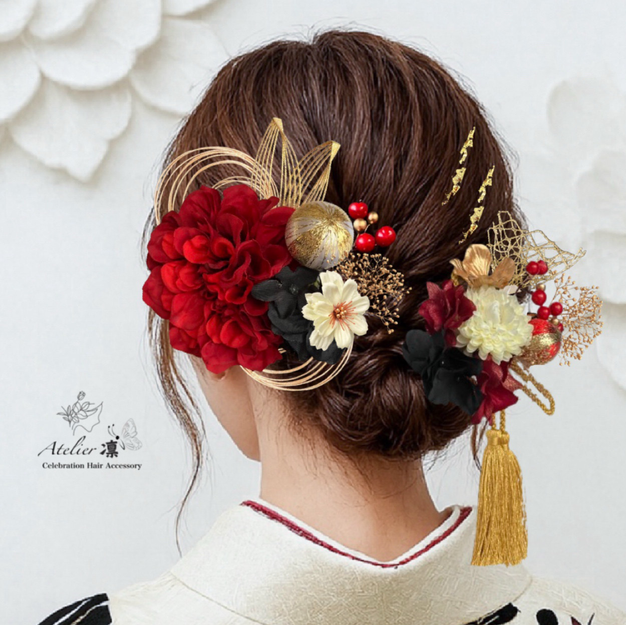 上品　ダリア　ワインレッド　成人式　前撮り　結婚式　卒業式　振袖　袴　ゴールド　ヘアアクセサリー　髪飾り　和装　おしゃれ