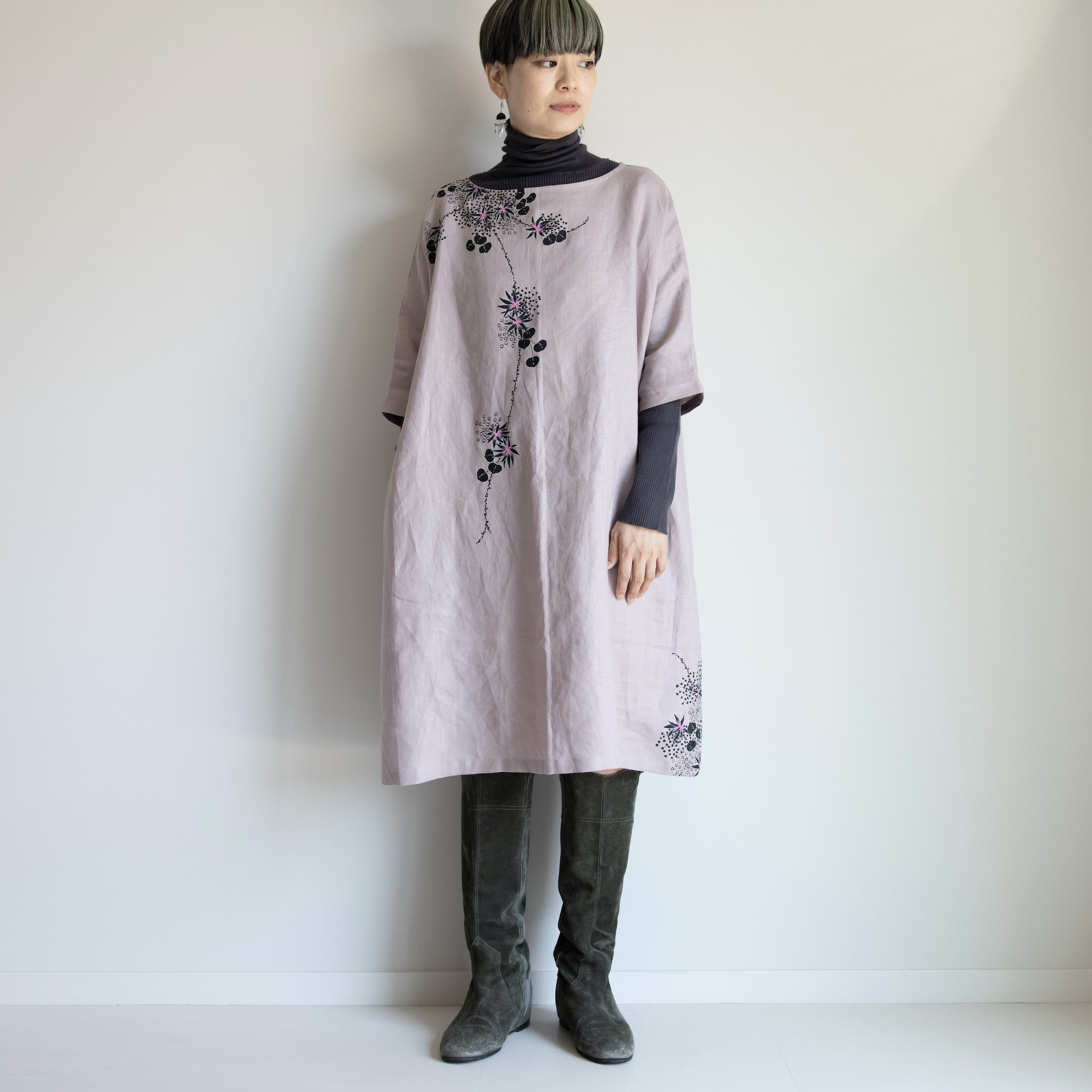 リネン・ワンピース　くすみピンク　＜海中植物＞        Ω