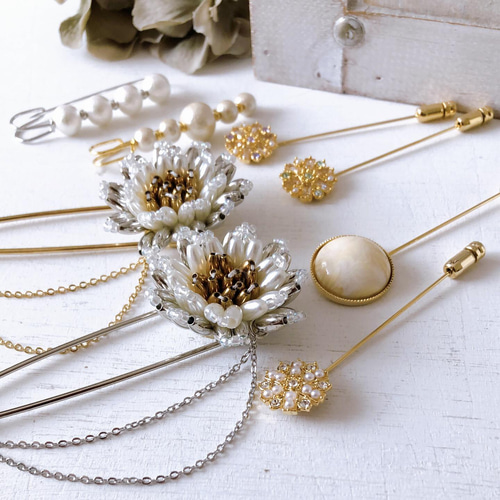 フラワービーズのレトロな飾りピン】ハットピン ピン長さ約7cm 2色