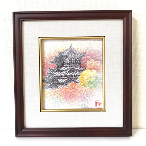 お城と紅葉 額縁付き #紅葉 #お城 #アート #絵 #癒し #飾る