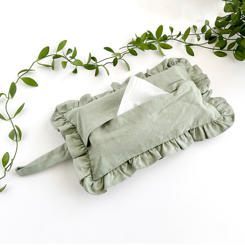 コットンリネンキャンバス ティッシュカバー フリル (スモーキーミント