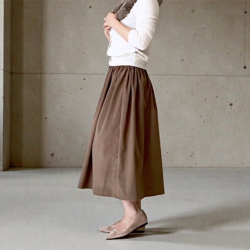 綺麗な発色♪柔らか上質コーデュロイのギャザースカート モカブラウン