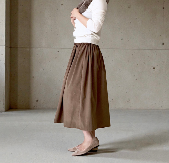 コーデュロイブラウンスカート☆2025 綺麗な発色♪柔らか上質コーデュロイのギャザースカート モカブラウン