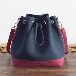 ラタン柄✿巾着型バッグ 帆布マルチショルダーバッグ Lサイズ【ブルーxレッド】3WAY巾着バッグ