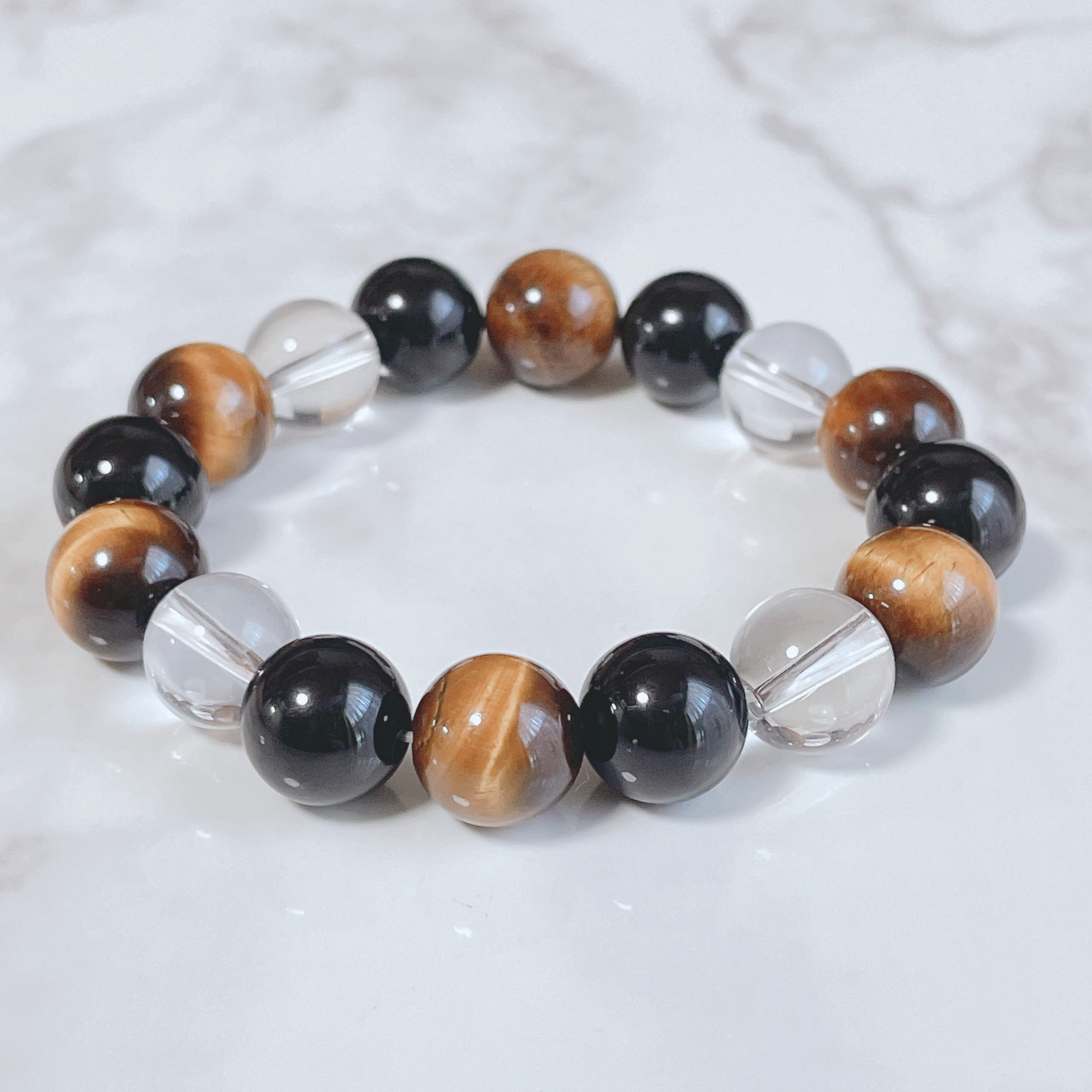 ✦厄を祓い仕事を成功へと導く タイガーアイ・オニキス・水晶 パワー・ストーン 天然石 ブレスレット 10mm玉