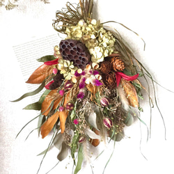 再販、受注制作、ハスの実とネイティブフラワーのワイルドスワッグ【L