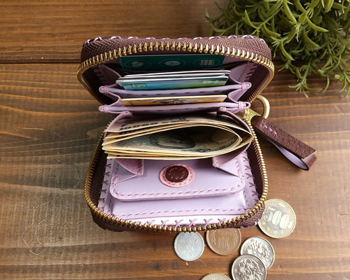 小さめのお財布 （ビターチョコ×ラベンダー） 二つ折り財布 ますみ