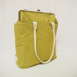 A4サイズもラクラク収納！帆布のがまぐち3wayリュックサック≪ヒワグリーン≫ 4枚目の画像