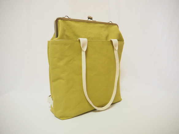 A4サイズもラクラク収納！帆布のがまぐち3wayリュックサック≪ヒワグリーン≫ 4枚目の画像