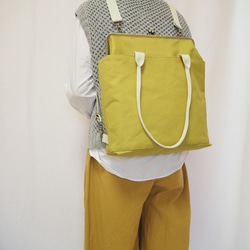 A4サイズもラクラク収納！帆布のがまぐち3wayリュックサック≪ヒワグリーン≫ 2枚目の画像