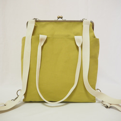 A4サイズもラクラク収納！帆布のがまぐち3wayリュックサック≪ヒワグリーン≫ 3枚目の画像