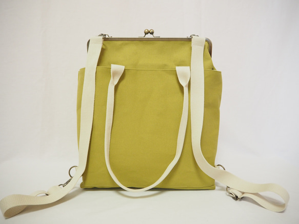 A4サイズもラクラク収納！帆布のがまぐち3wayリュックサック≪ヒワグリーン≫ 3枚目の画像