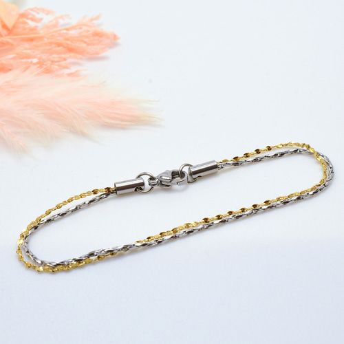 【中古品】Set シルバー、ゴールドブレスレット natural*】2連 ブレスレット シルバー＆イエローゴールド 華奢
