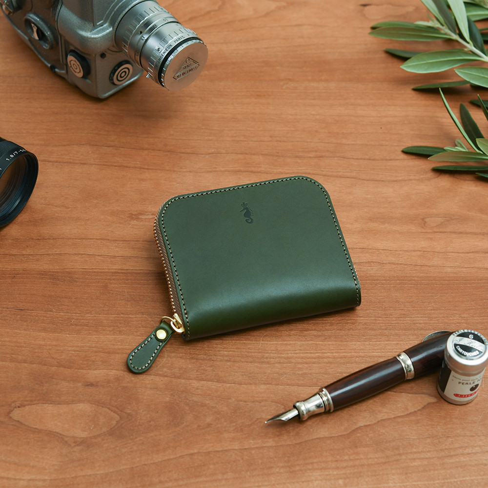 イタリア製総本革 ミニ財布 コンパクト ラウンドファスナー Sサイズ 緑 オリーブ シンプル ユニセックス