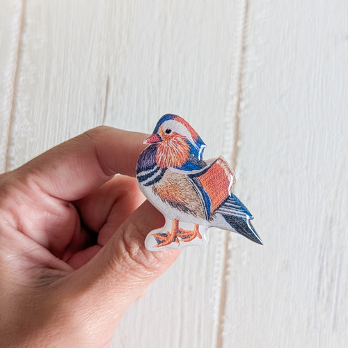 鳥取　わかとりくん　わかこちゃん　ブローチ他 華やかなオシドリの樹脂ブローチ 野鳥/セレモニー/カラフル ブローチ