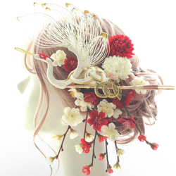 祝い鶴の水引の髪飾り＊紅白梅と菊が奏でる華やぎのヘッドドレス