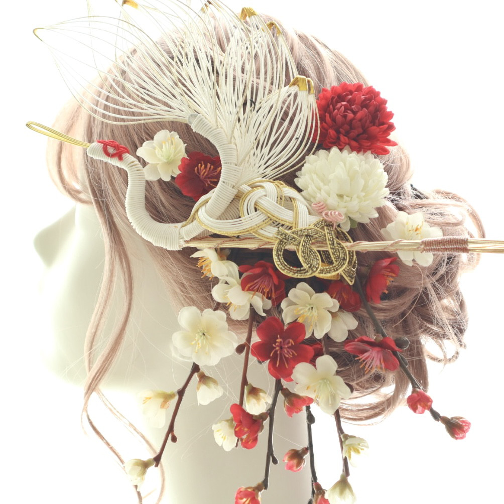 祝い鶴の水引の髪飾り＊紅白梅と菊が奏でる華やぎのヘッドドレス