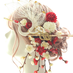 祝い鶴の水引の髪飾り＊紅白梅と菊が奏でる華やぎのヘッドドレス