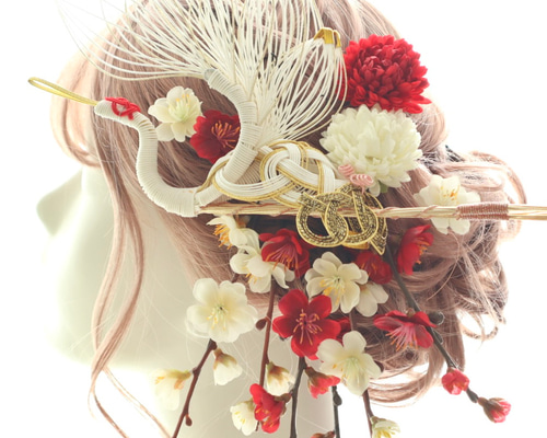 祝い鶴の水引の髪飾り＊紅白梅と菊が奏でる華やぎのヘッドドレス