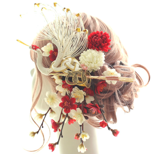 祝い鶴の水引の髪飾り＊紅白梅と菊が奏でる華やぎのヘッドドレス