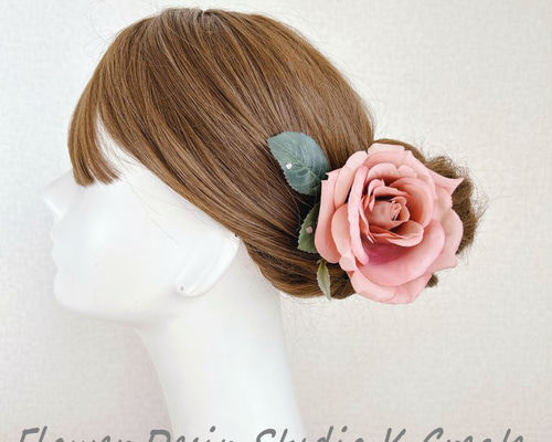 モーブピンクの薔薇と葉っぱの髪飾り Uピン フローレス フラメンコ