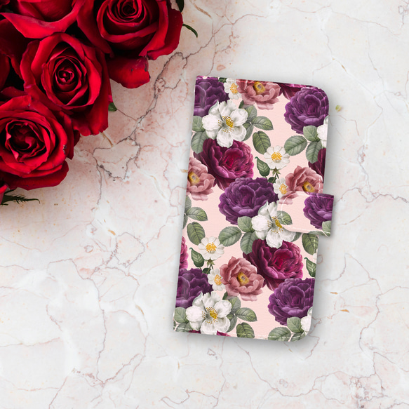 再販×7♪『エレガントな薔薇』iPhone/android 多機種対応 スマホケース 手帳型 バラ 花柄 1枚目の画像