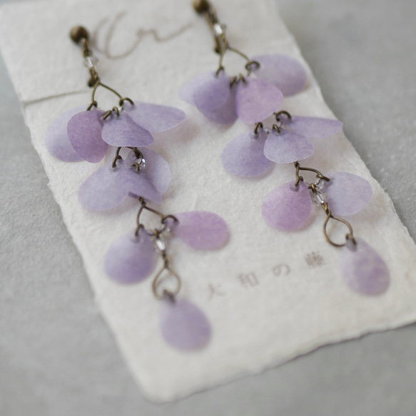 和紙の花「大和の藤」 イヤリング/ピアス 藤色　紫　パープル 5枚目の画像