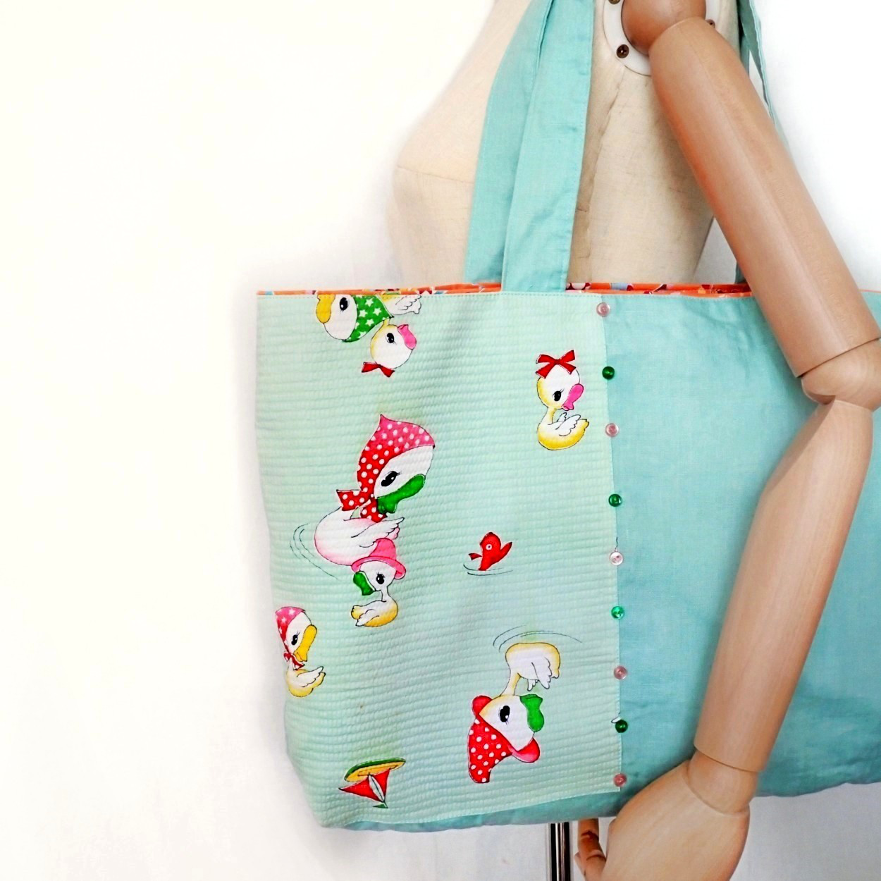 着物リメイク　レトロ子供ゆかたのBAG（あひる）大量収容【一点もの】