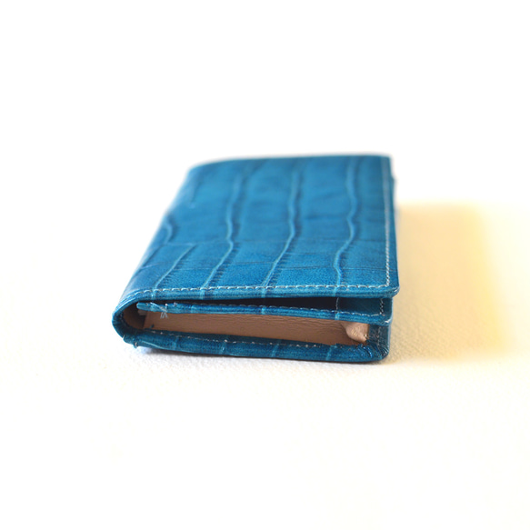 【名刺入れ：ターコイズブルー】クロコの型押し（牛）革+スムース（牛）革　MK-2002-CV 8枚目の画像
