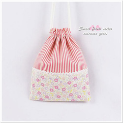 大きめレッスンバッグ、体操着袋、上履き袋、大きめお弁当袋　大花柄×くすみピンク 入園 入学 持ち手付き 大きめ 巾着袋 体操服袋 お着替え袋 特大 45×40