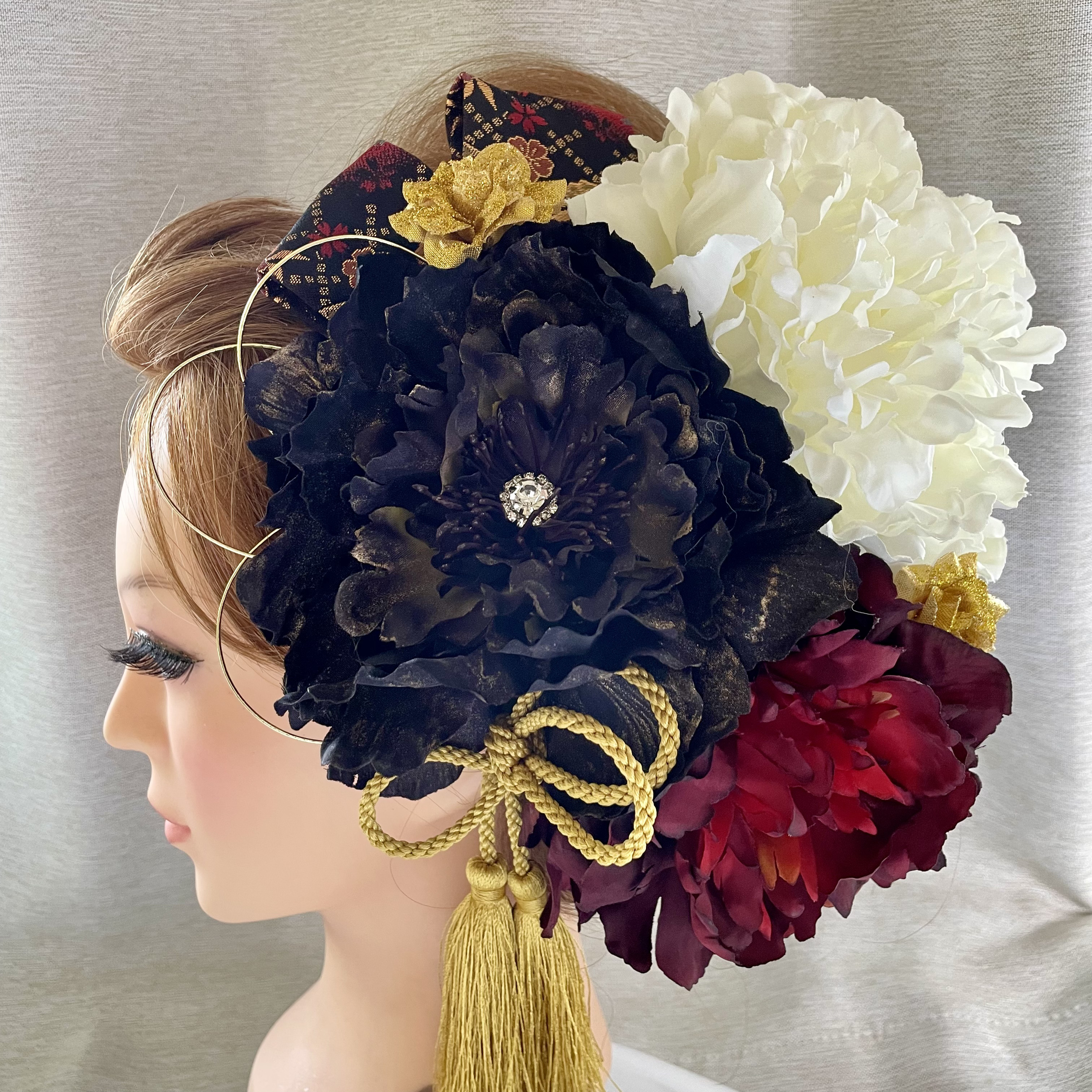 ワインレッド　ピオニー　和装髪飾り 振袖髪飾り 成人式髪飾り　結婚式髪飾り　色打掛髪飾り　袴髪飾り
