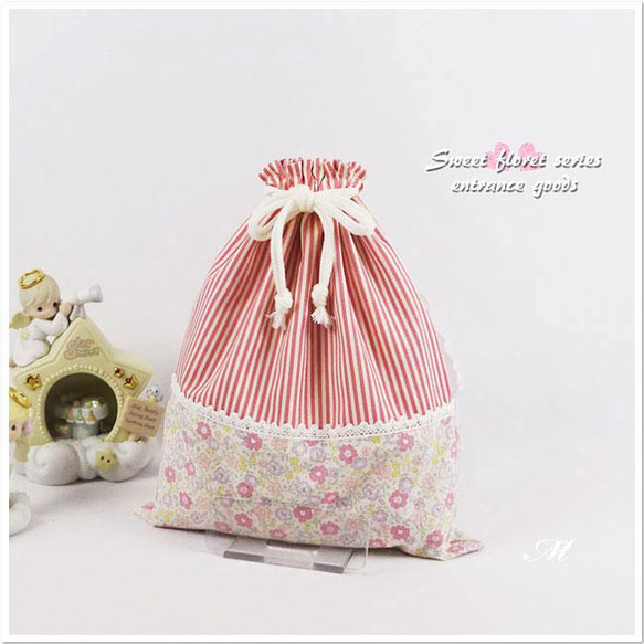 New▷ 入園 巾着袋 体操服袋 お着替え袋 M 30×25 小花 ピンク