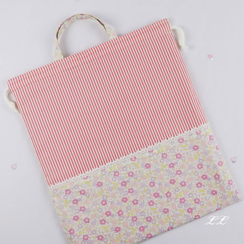 New 入園入学グッズ 大きめ 巾着袋 【 小花 ピンク】体操着 お着替え袋
