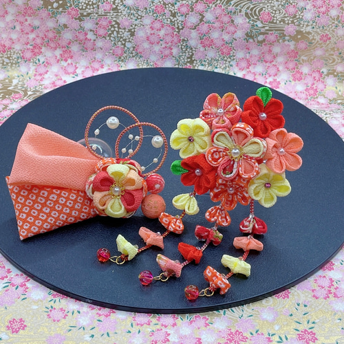 七五三髪飾り つまみ細工 オレンジ系 3歳用 成人式髪飾り 卒業式髪飾り