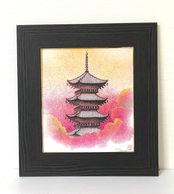 日本製額縁付き＊紅葉と五重の塔 #複製画 #絵#紅葉 #五重の塔 #日本製 