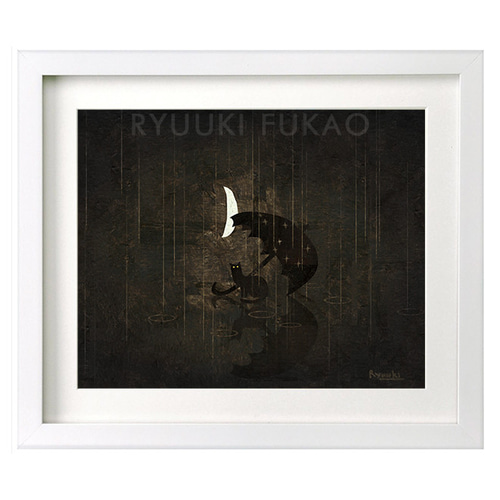 新規購入 額装絵画【六切】月夜の雨 ※他サイズ、フレーム色変更可（白 絵画