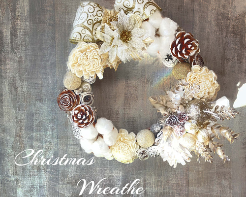 クリスマスリース ホワイト＆シャンパンゴールド リース 絵灯花