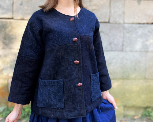 古布　藍染め　庄内刺し子　ノーカラージャケット　リバーシブル 庄内刺し子ジャケット】夢屋家一点物オリジナル羽織物ミセス50代60