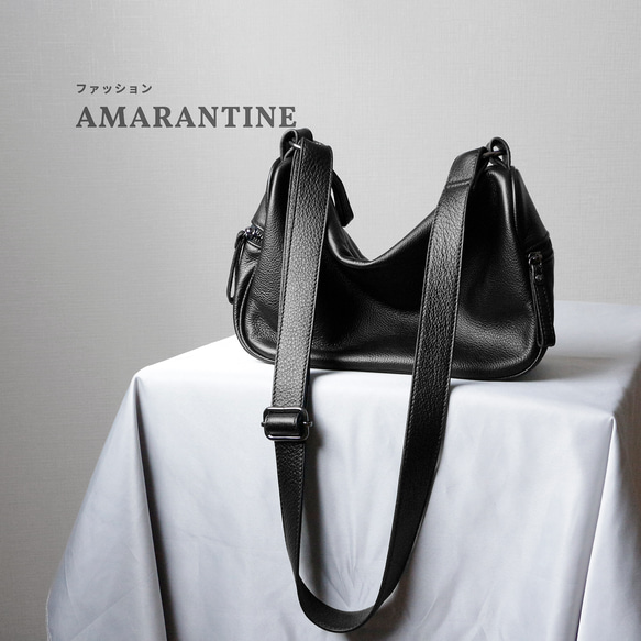 柔らかい本革ショルダーバッグ斜め掛け大容量　マチ広め収納バッグ　ブラック 1枚目の画像