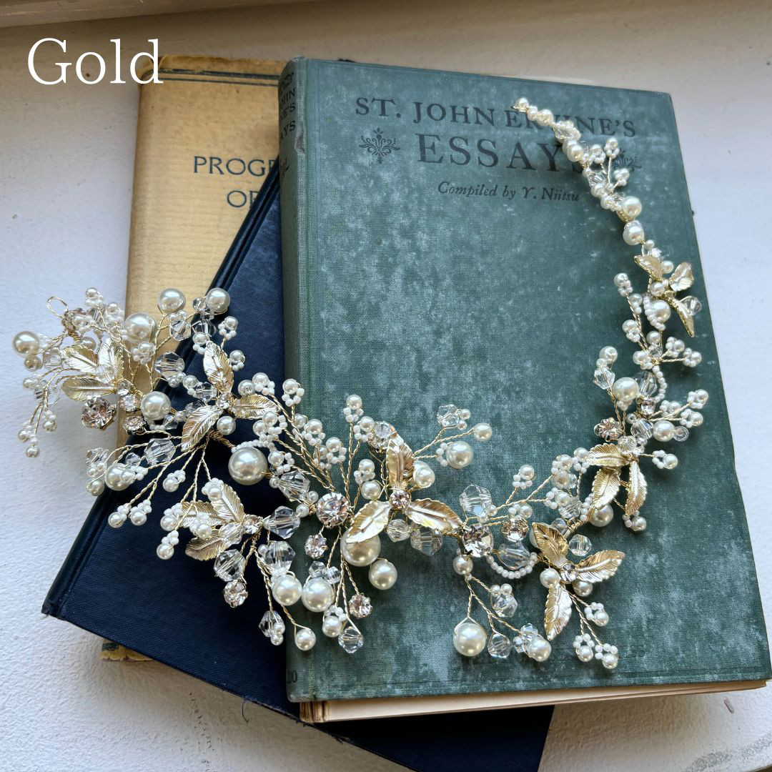 ヘッドドレス【アダリア】H-138| 花嫁 シルバー ゴールド 小枝 リーフ ナチュラル ウエディング 結婚式 長い