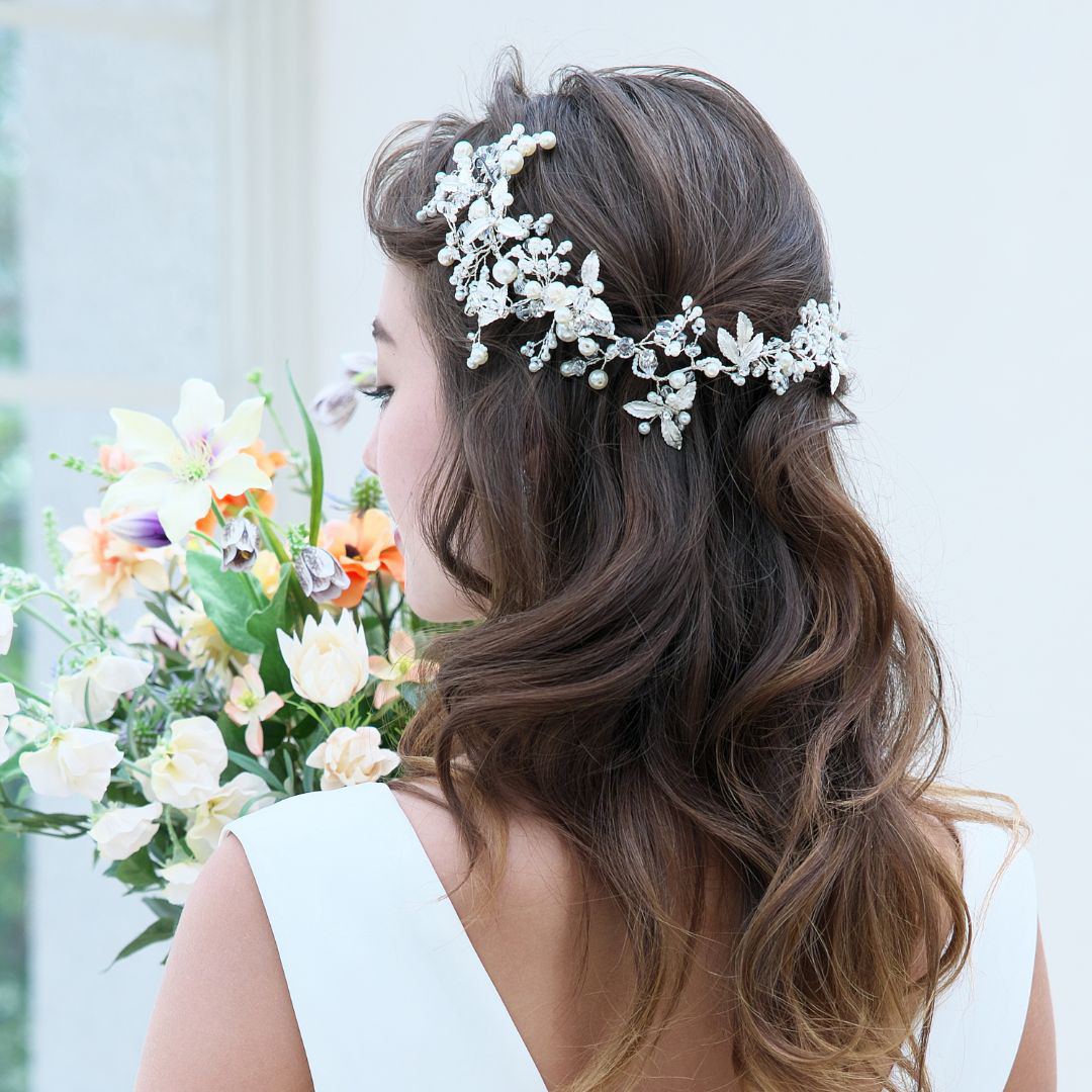 ヘッドドレス【アダリア】H-138| 花嫁 シルバー ゴールド 小枝 リーフ ナチュラル ウエディング 結婚式 長い