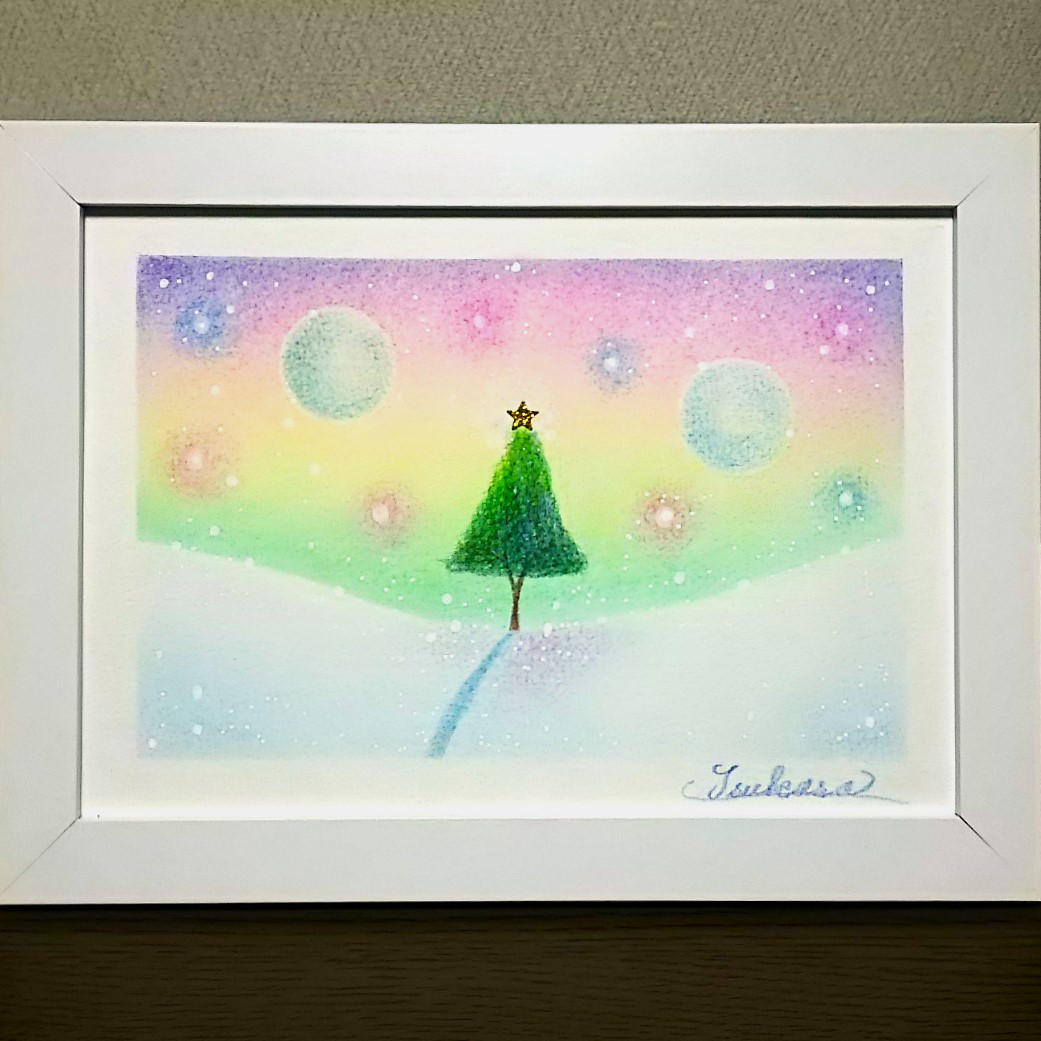 ミニ絵画 油絵 絵画 【雪のクリスマスツリー】